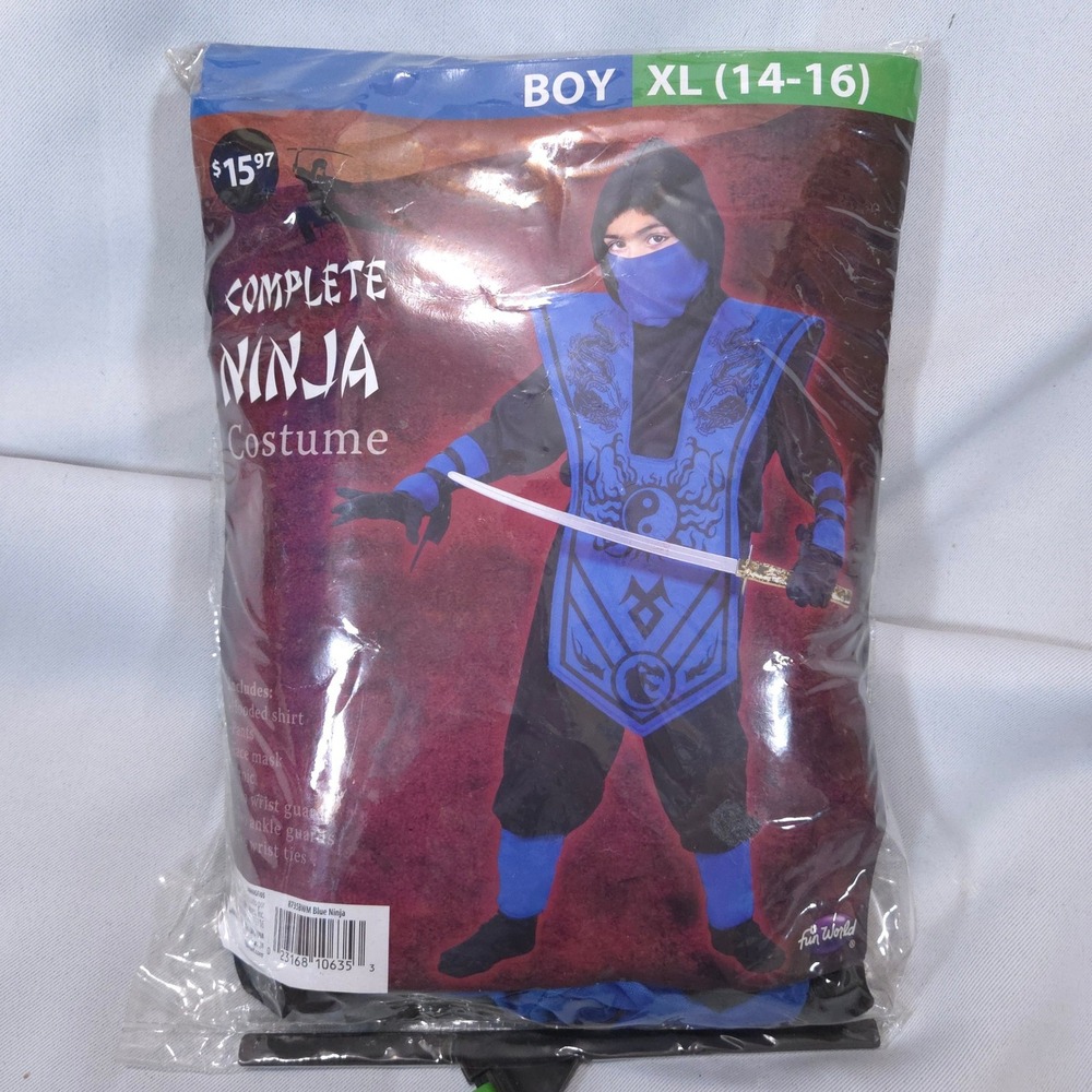 Fun World Ninja Costume Boys XL 14-16 Toy Weapons Blue Halloween Cosplay--READ